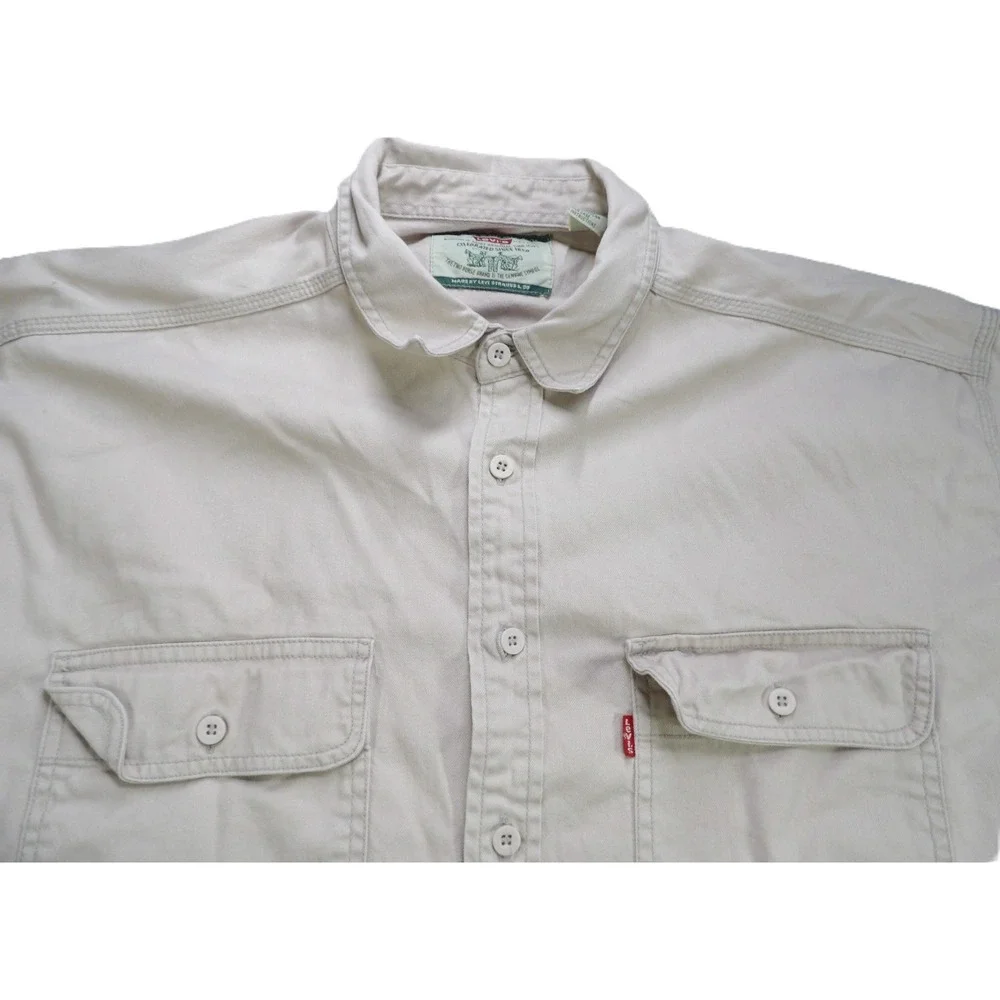 VTG Levis Authentic Workwear‎ Twill Shirt Men XL Khaki Button Up 90s Embroidered